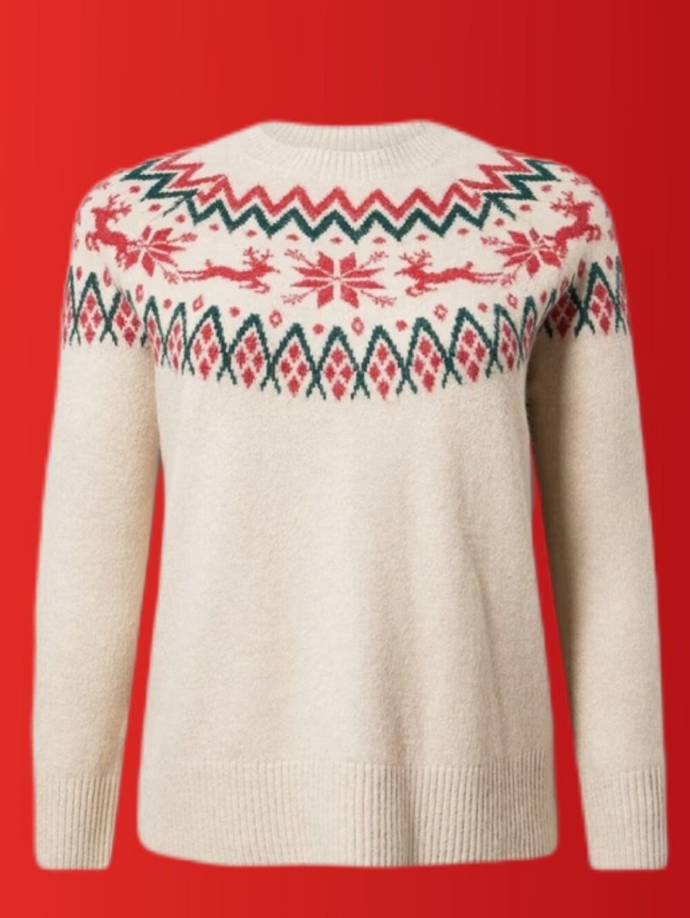 Cream Fair Isle Crewneck Holiday Sweater Red & Green Pattern, Vegan Cashemere 1x